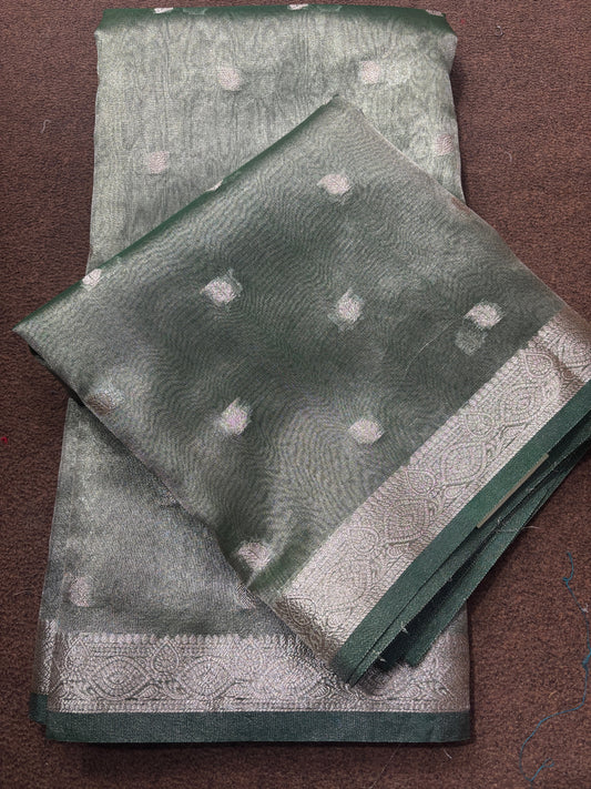 Premium tissue Banarasi sari in grey-green with pink motifs and woven border