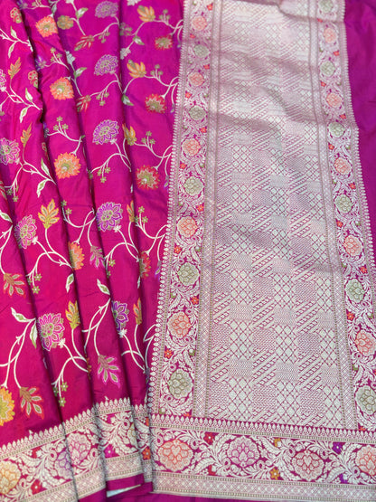Rani Pink Pure Katan Menakari Banarasi Handloom Saree