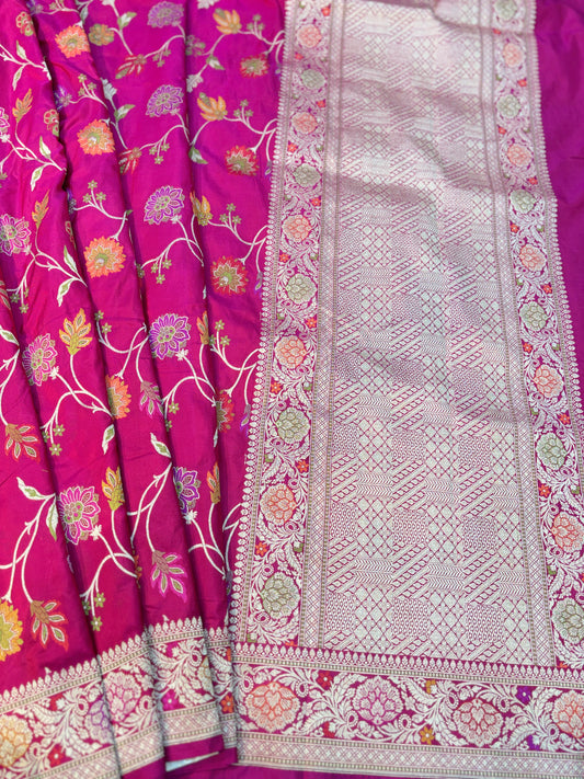 Rani Pink Pure Katan Menakari Banarasi Handloom Saree