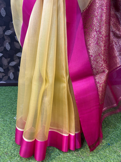 Cream With Pink Pure Kora Antique Zari Banarasi Handloom Saree 