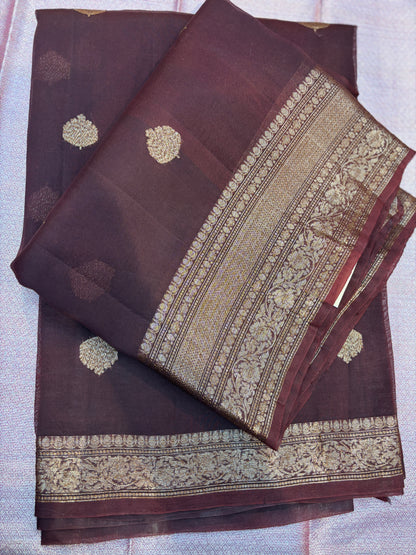 Plum silk saree with gold zari border and repeating dot motif pattern