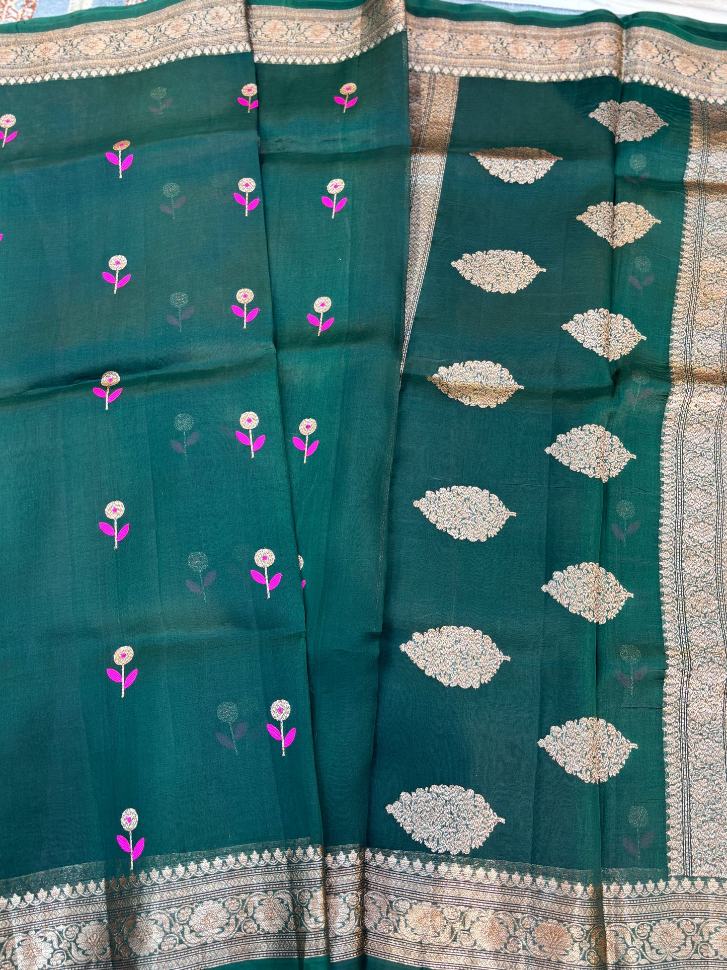 Rama Green Kora Meena kora Antique Zari Banarasi Handloom Saree