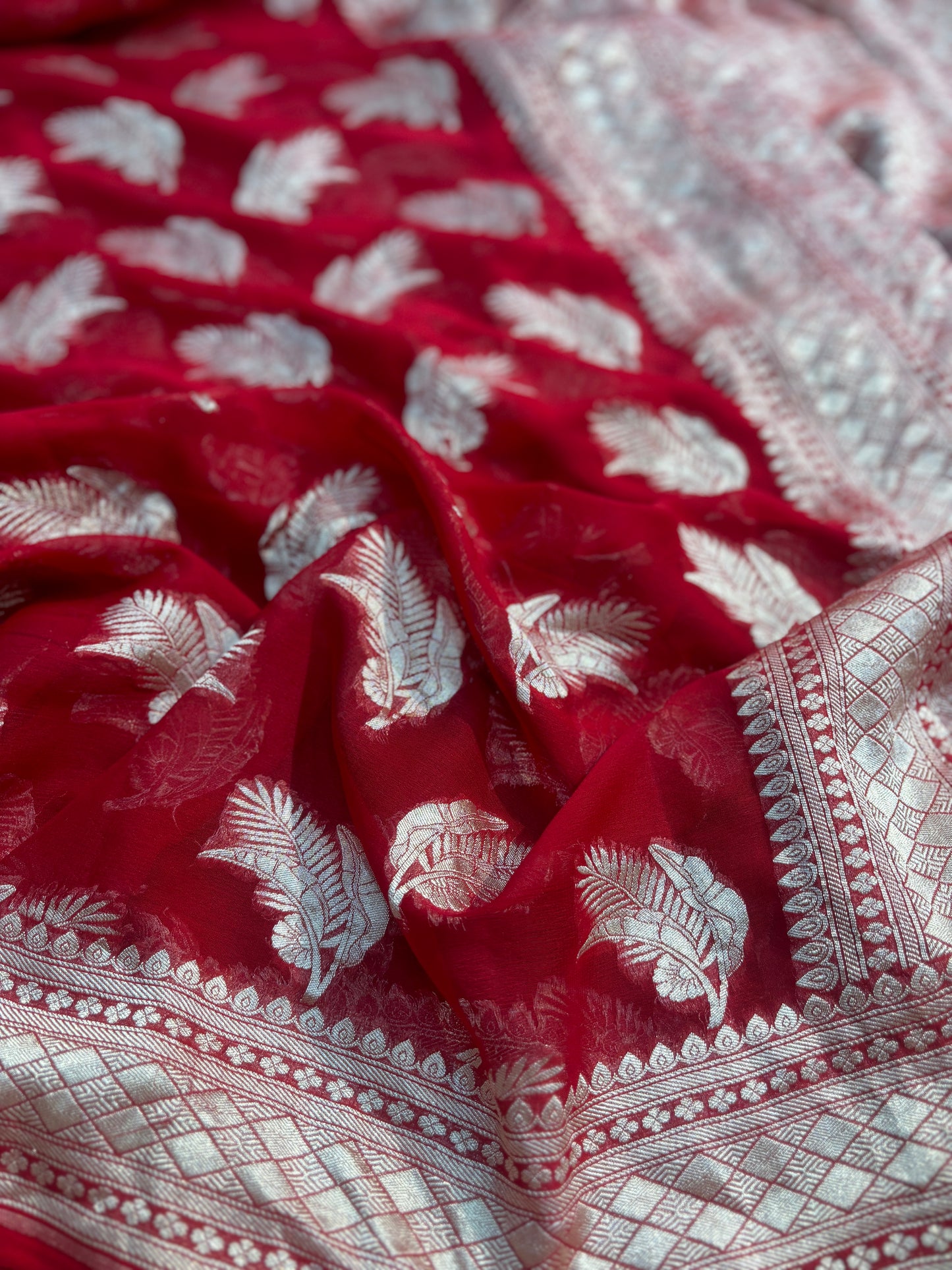 Red Pure Khaddi Georgette Leaf with Flowers Banarasi Handloom’s Saree