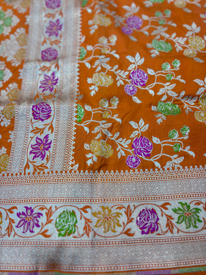 Orange Pure Katan Jangla Banarasi Handloom Saree