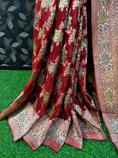 Red Rungkaat Georgette Banarasi Handloom Saree