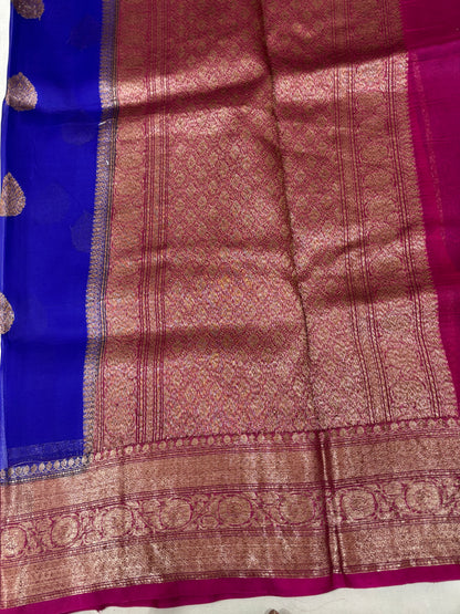 Blue With Rani Pink Border Kora Antique Zari Banarasi Handloom Saree