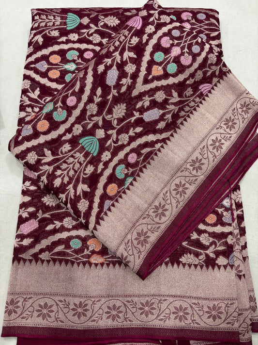 Wine Semi Khaddi Georgette Banaras Sari 