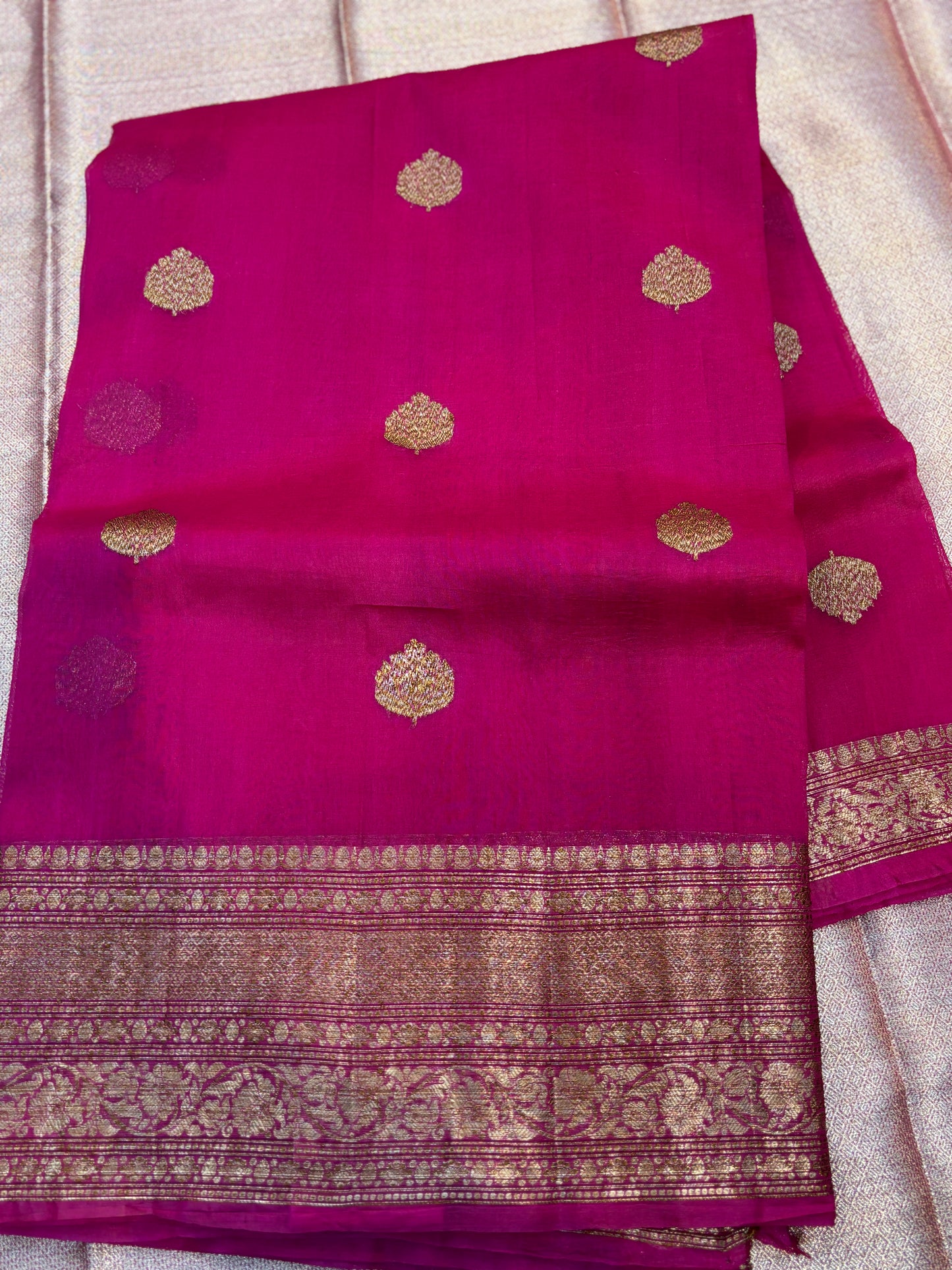 Rani pink Pure Kora antique Zari Banarasi Handloom saree