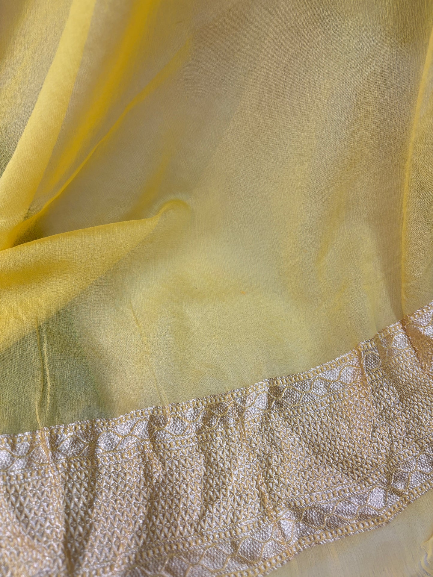 Light Yellow Pure Khaddi Georgette Rungkaat Banarasi Handloom Saree