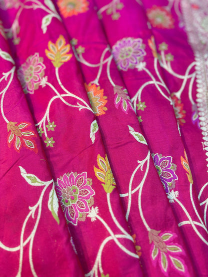 Rani Pink Pure Katan Menakari Banarasi Handloom Saree
