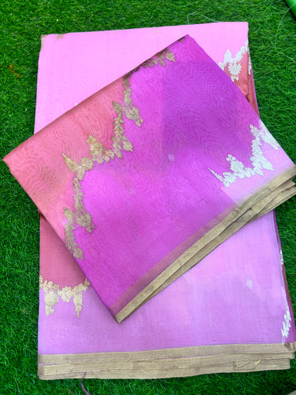 Lavender Pure Kora Katan Rungkaat Banarasi Handloom Saree