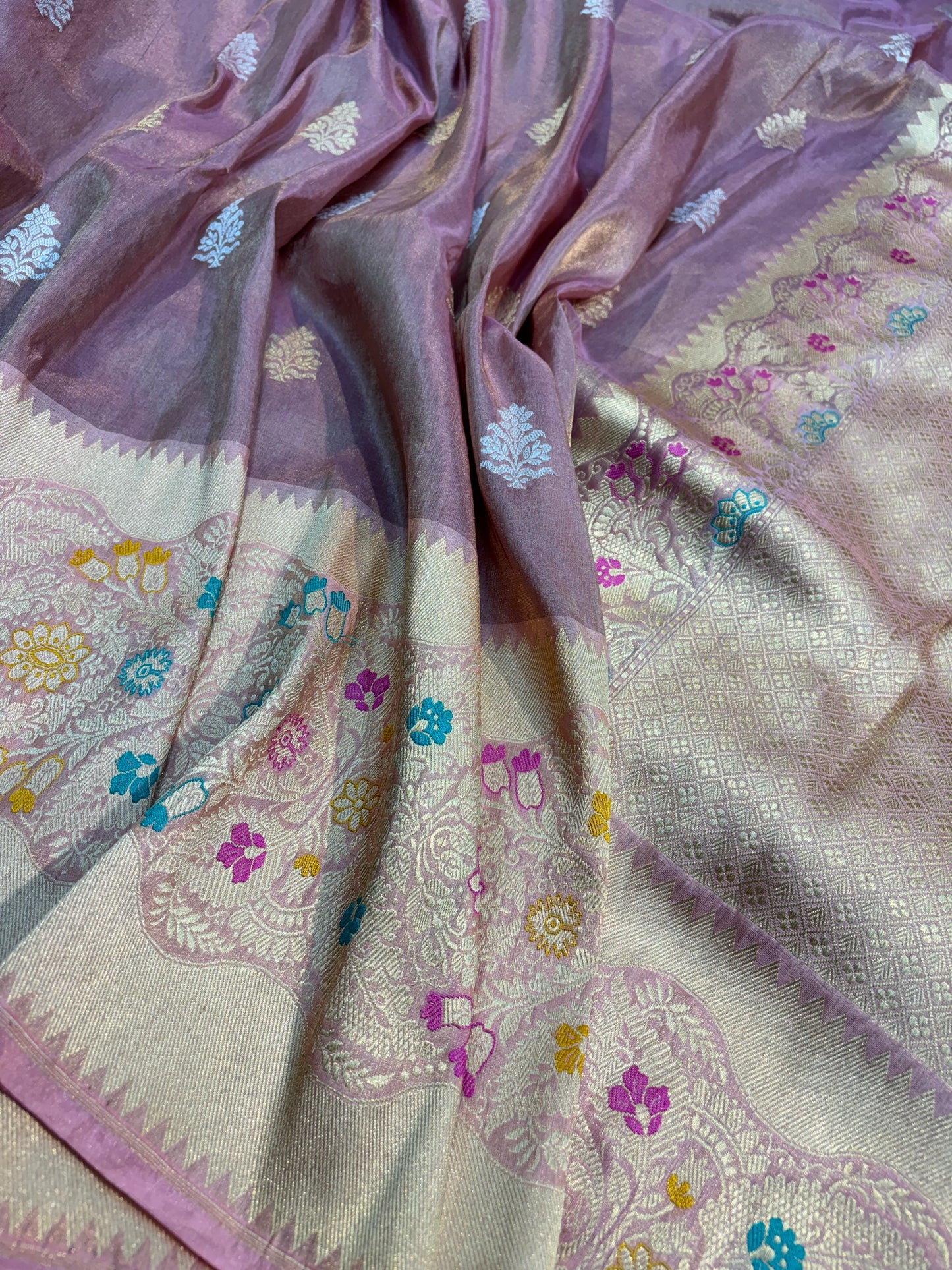 Lavender pure Katan Tissue with heavy Border Handwoven sarees