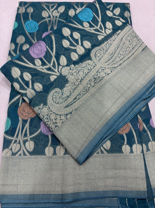 Blue Semi Khaddi Georgette Banarasi Handloom Saree 