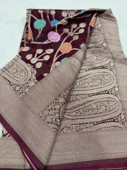 Dark Wine Semi Khaddi Georgette Banarasi Handloom Saree 