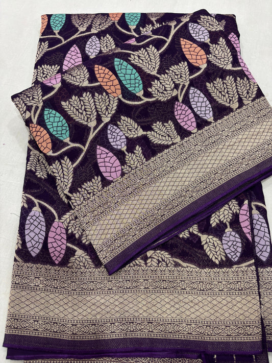 Blue Semi Khaddi Georgette Banaras Sari 