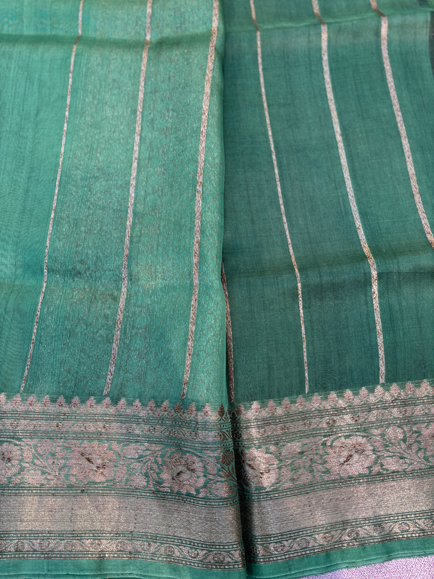 Rama Green Pure Kora Antique Zari Banarasi Handloom Saree