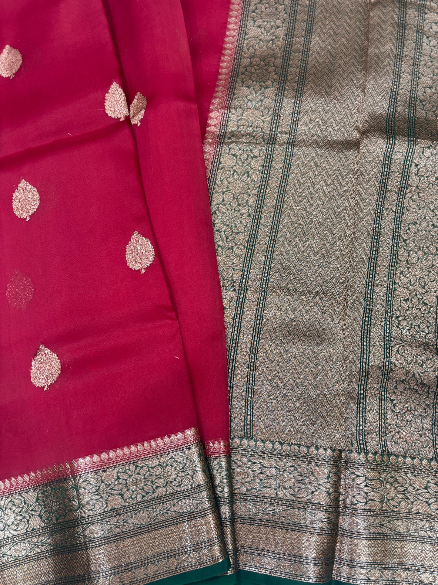 Red With Rama Green Pure Kora Antique Zari Banarasi Handloom Saree 