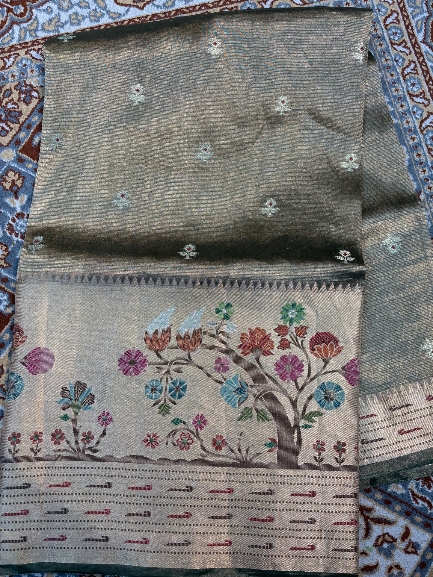 Grey saree with floral pallu border, multicolor vines and dotted trims