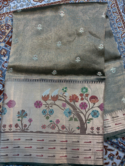Grey saree with floral pallu border, multicolor vines and dotted trims