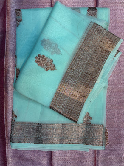 Light Firozi Pure Kora Antique Zari Banarasi Handloom Saree