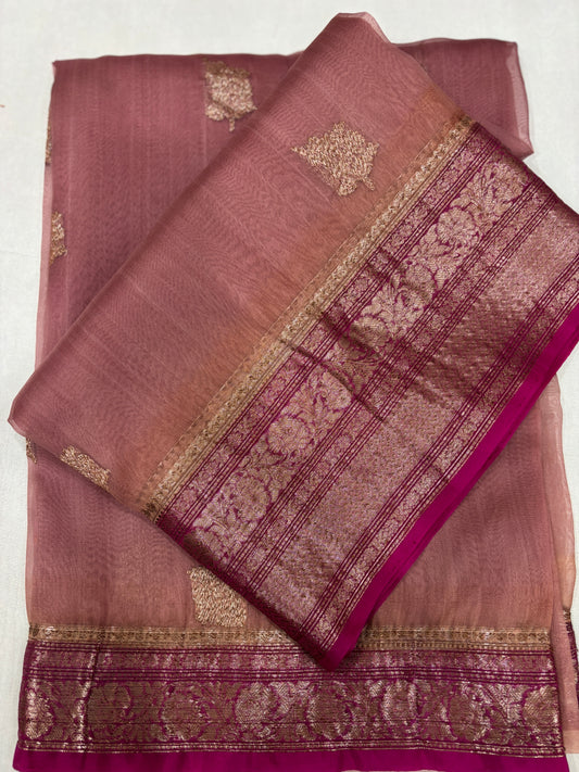 Rose-pink Banarasi saree with gold zari border and checked motif panel