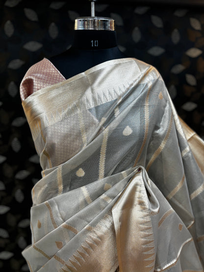 Gray with light Pink Tissue Banarasi Saree