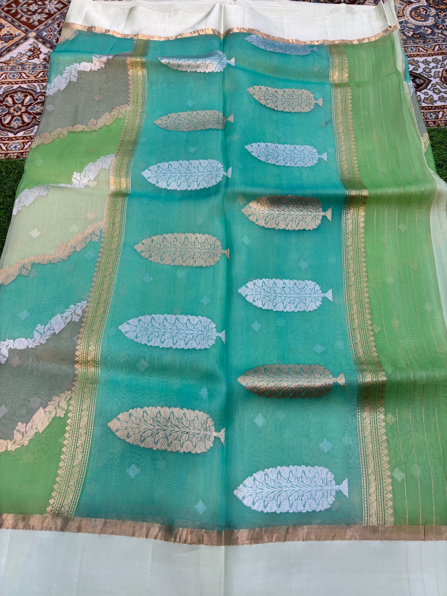 Powder Blue Pure Kora Katan Rungkaat Banarasi Handloom Saree