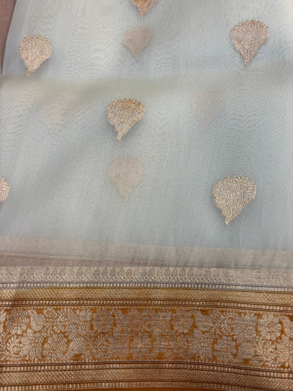 White with yellow Pure Kora Designer Banarasi Handloom Saree 