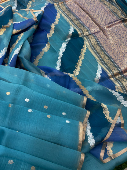 Sky Blue Kora Katan Rungkaat Banarasi Handloom Saree