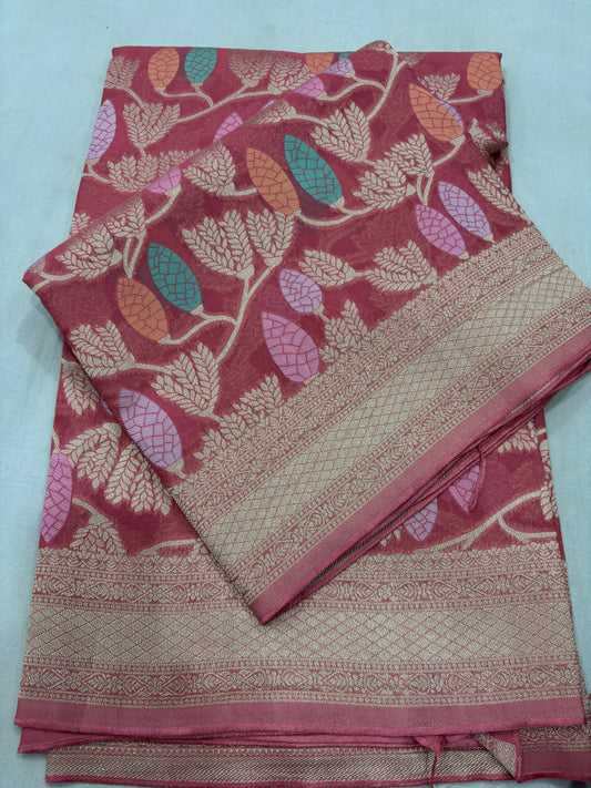 light Green Semi Khaddi Georgette Banaras Sari 