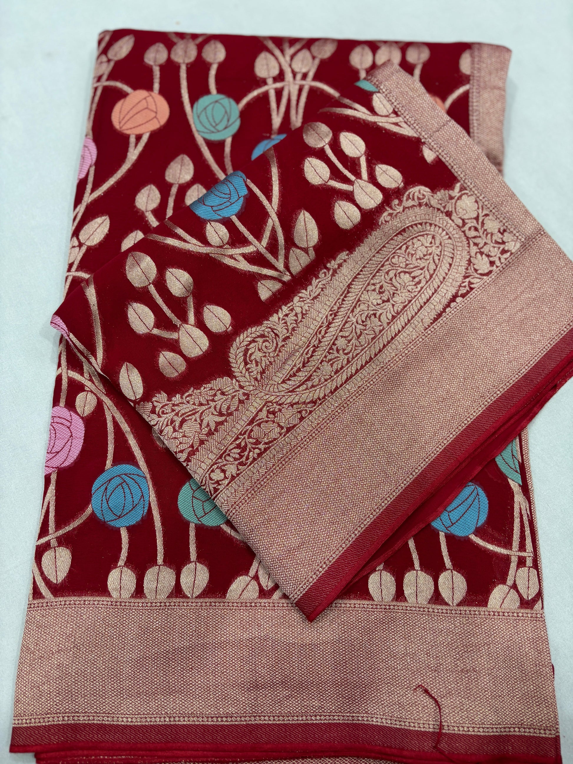 Red Semi Khaddi Georgette Banarasi Handloom Saree 