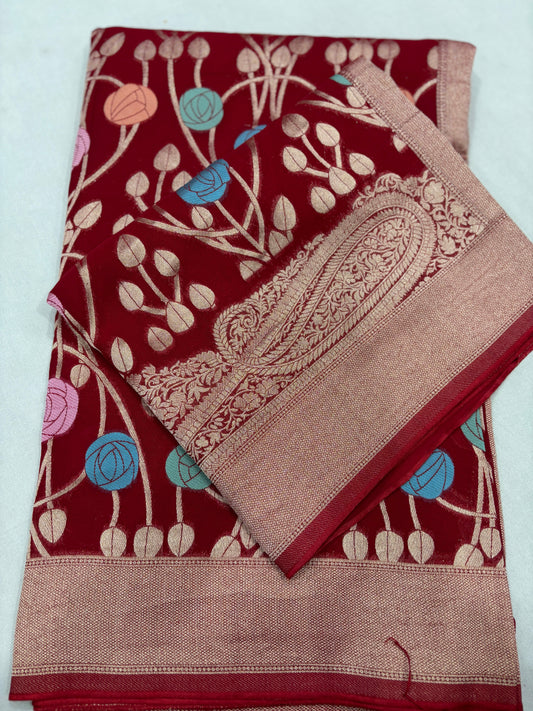 Red Semi Khaddi Georgette Banarasi Handloom Saree 