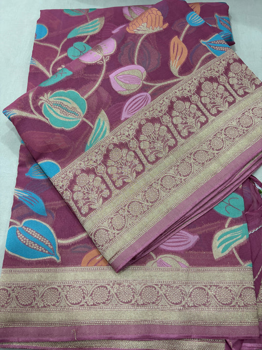 Lavender Semi Khaddi Georgette Banarasi Handloom Saree 
