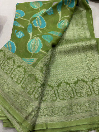 Green Semi Khaddi Georgette Banarasi Handloom Saree 