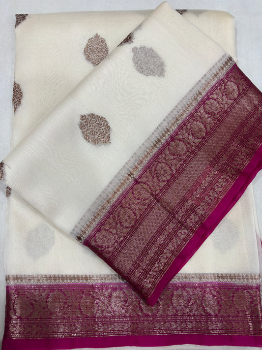 White with Pink Border Pure Kora Antique Zari Banarasi Handloom Saree