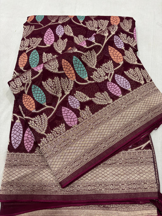 Wine Semi Khaddi Georgette Banaras Sari 