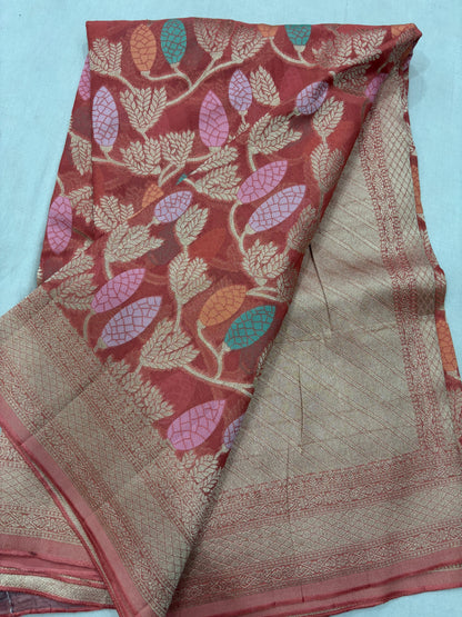 Carrot Pink Semi Khaddi Georgette Banaras Sari 