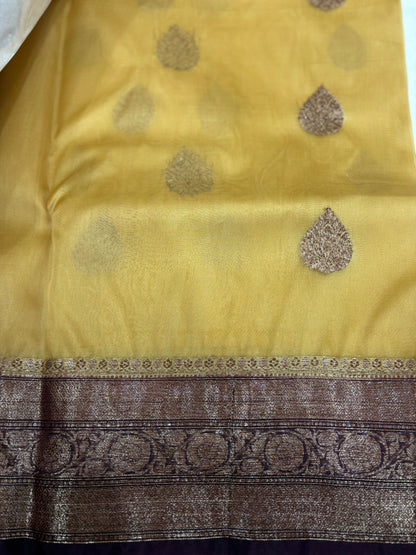 Lemon Yellow with Bottle Green Border Pure Kora Antique Zari Banarasi Handloom Saree
