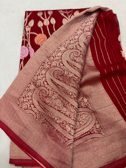 Red Semi Khaddi Georgette Banarasi Handloom Saree 