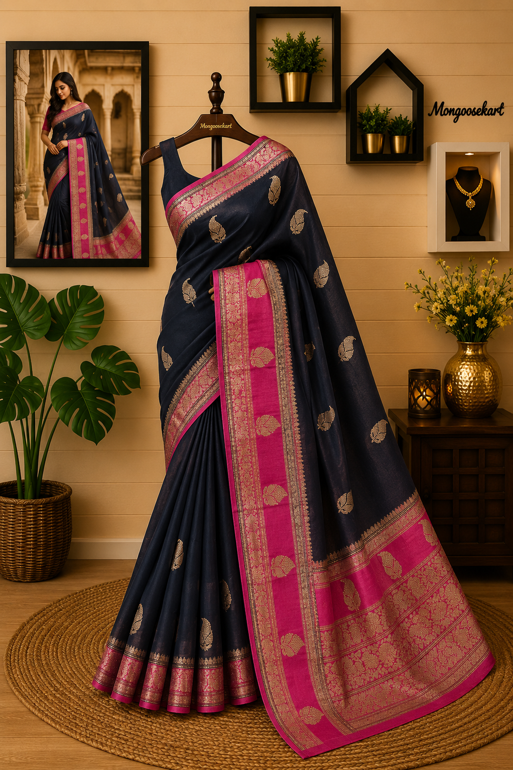 Draped dark saree with hot-pink border, gold zari work, and circular motif pattern