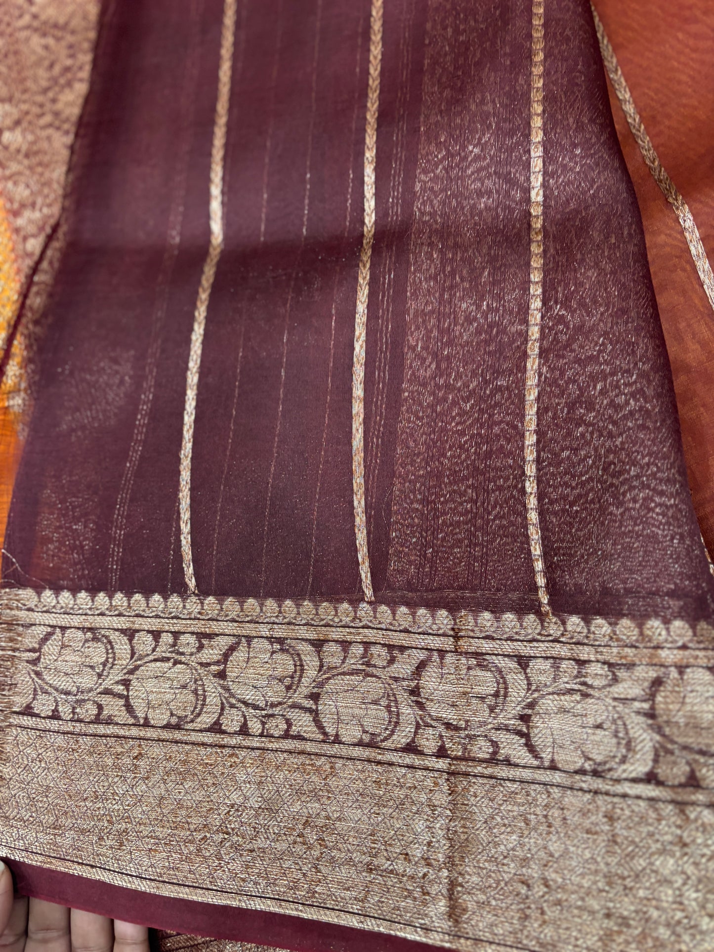 Yellow with brown border, pure Kora Antique Zari, Banarasi Handloom sari