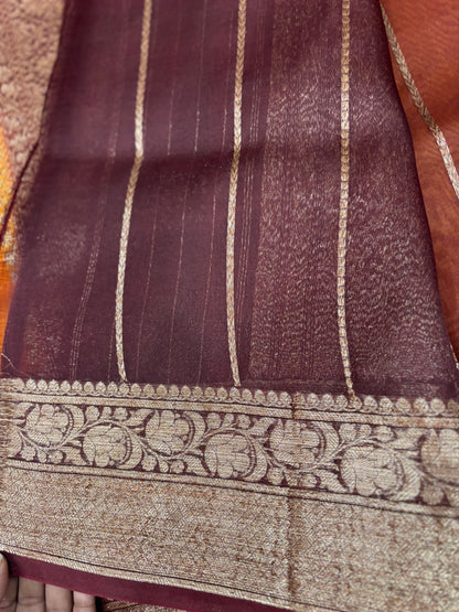 Yellow with brown border, pure Kora Antique Zari, Banarasi Handloom sari