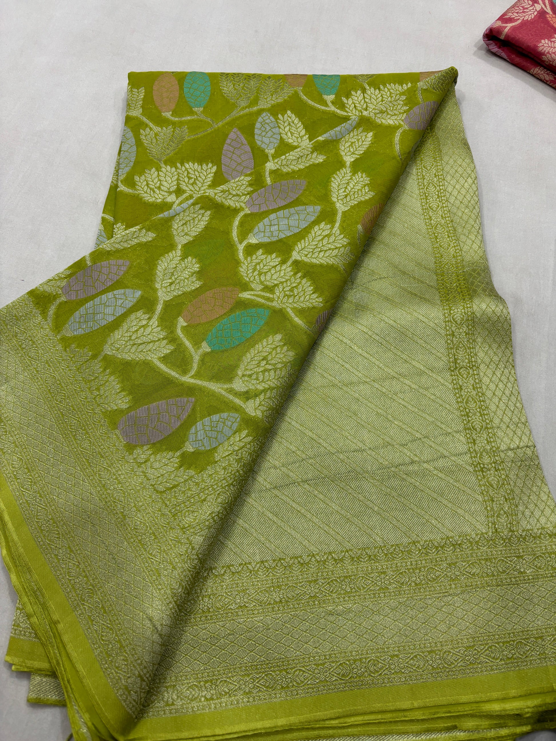 light Green Semi Khaddi Georgette Banaras Sari 