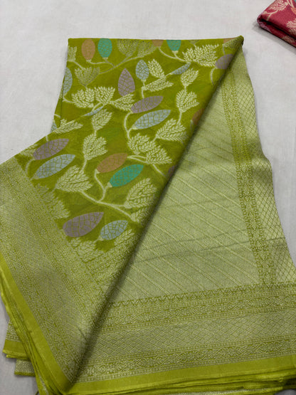 light Green Semi Khaddi Georgette Banaras Sari 