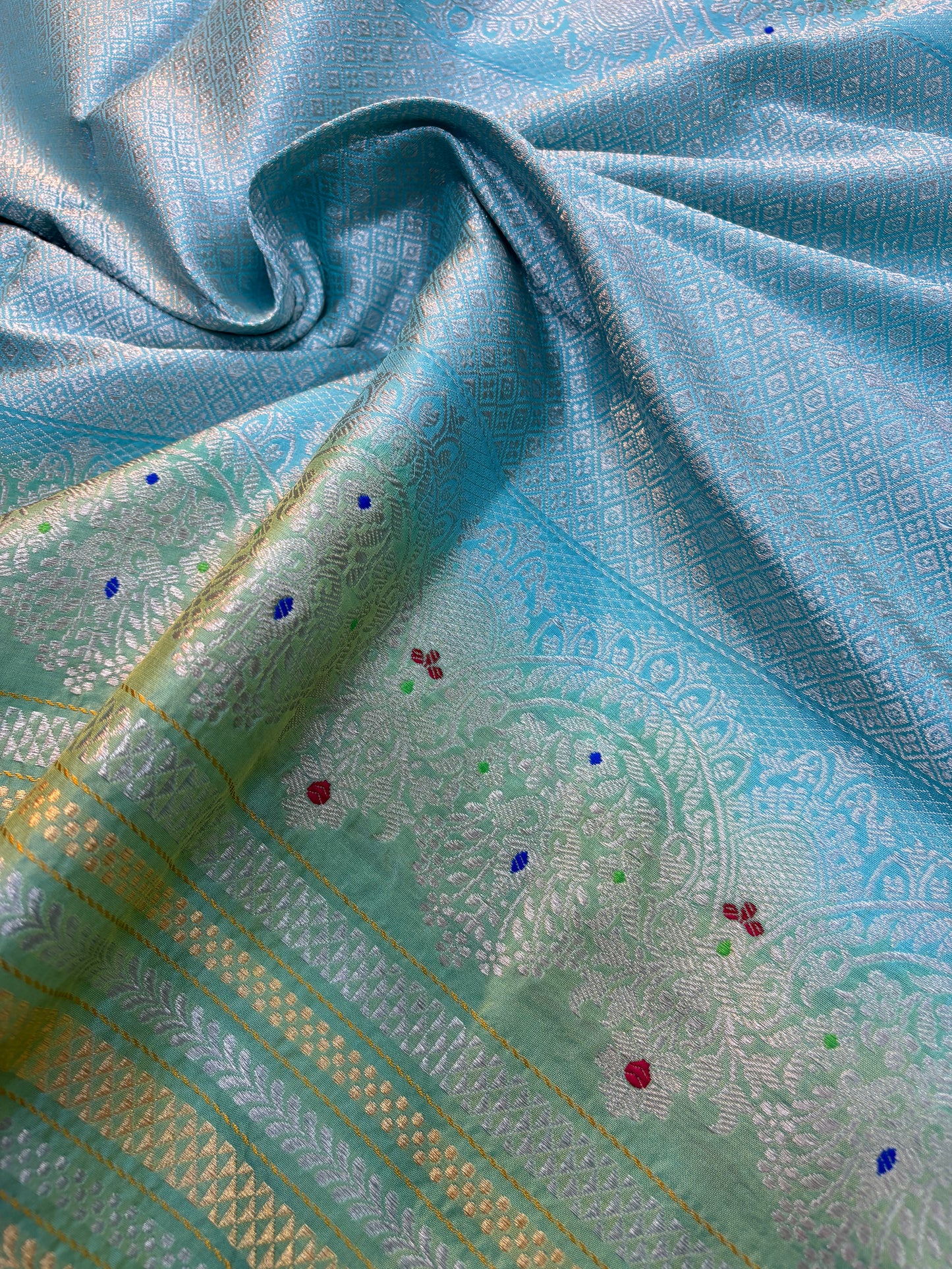 Powder Blue Pure Katan Strips Banarasi Handloom Saree