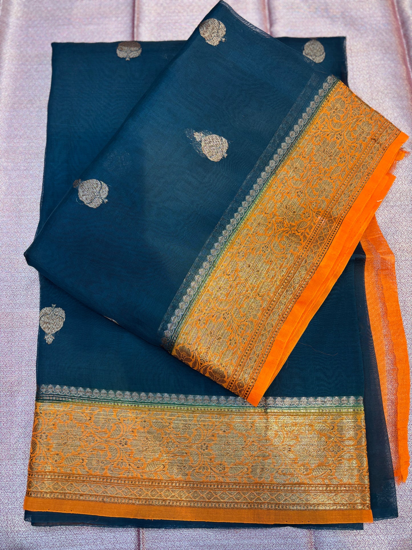 Bottle green with orange, Pure Kora Antique Zari Banarasi Handloom sari