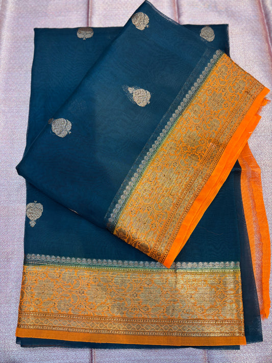 Bottle green with orange, Pure Kora Antique Zari Banarasi Handloom sari