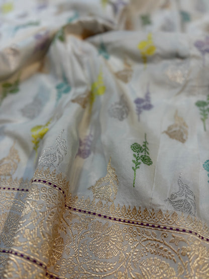 Exclusive White Pure Katan Iktara Handloom Saree
