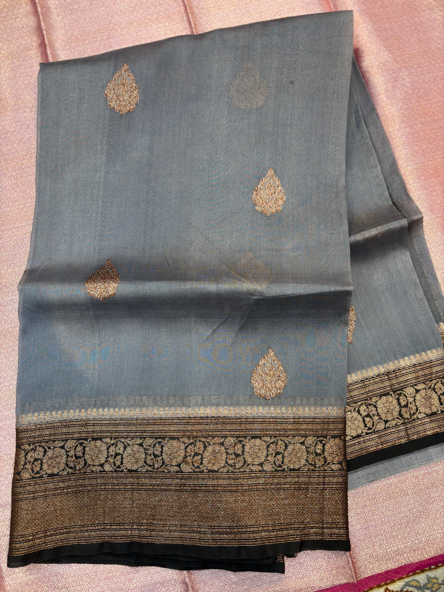 Gray-Black Pure Kora Antique Zari Banarasi Handloom Saree