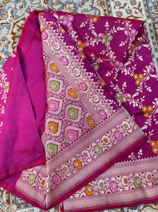 Magenta pink Pure katan Banarasi Handloom Saree
